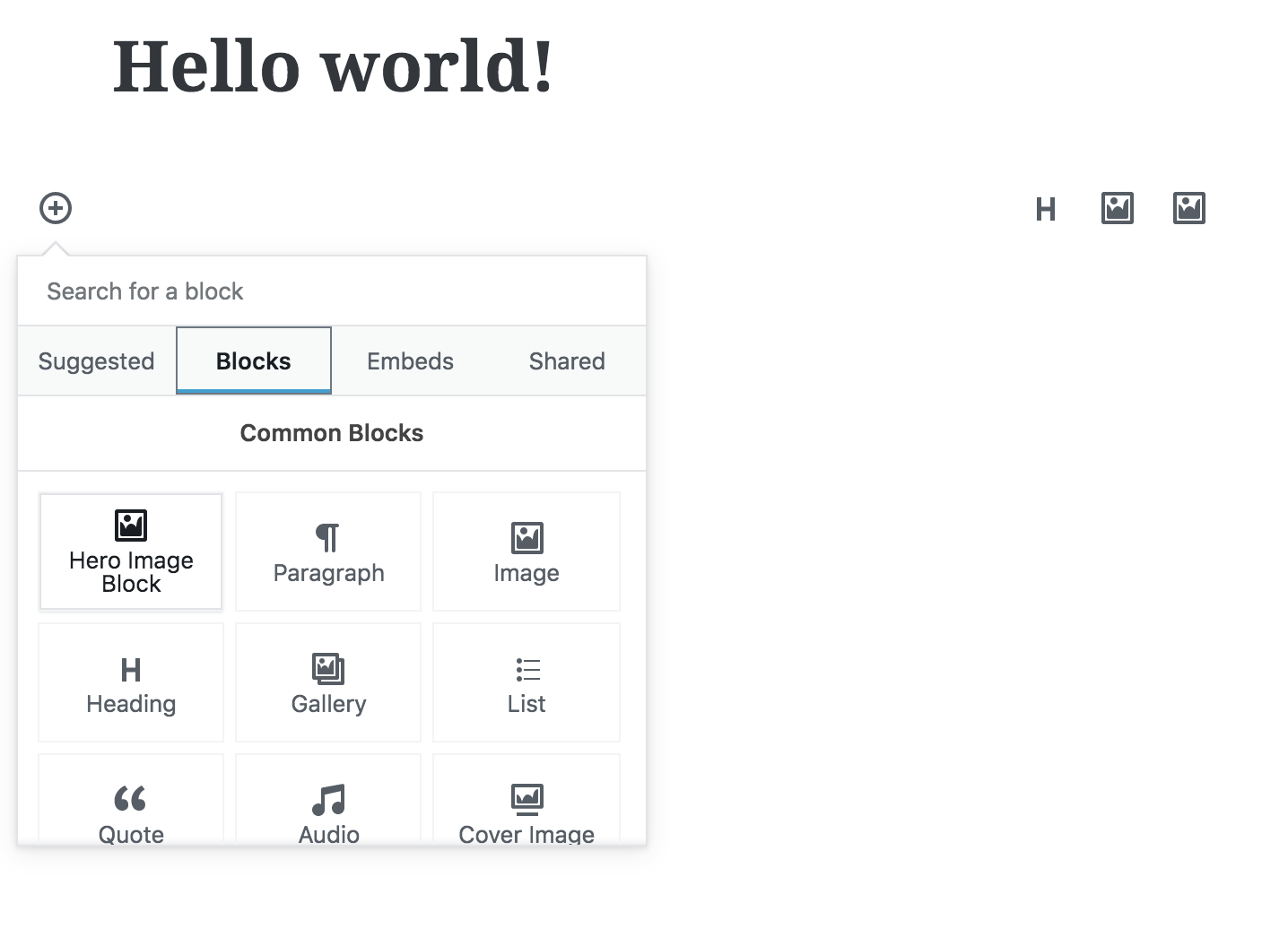 WordPress Gutenberg editor menu open and displaying "Hero Image Block" as an option